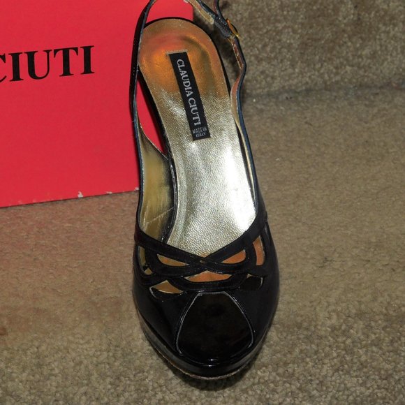 NIB $379 Black Pearly Sedge Heels CLAUDIA CIUTI  6 1/2 M  Made in Italy - Picture 4 of 5